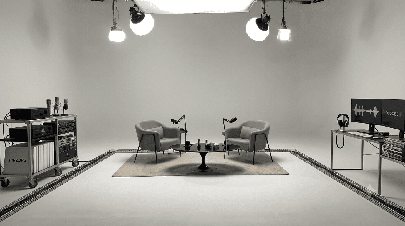 Podcast studio set with lighting, microphones, and chairs